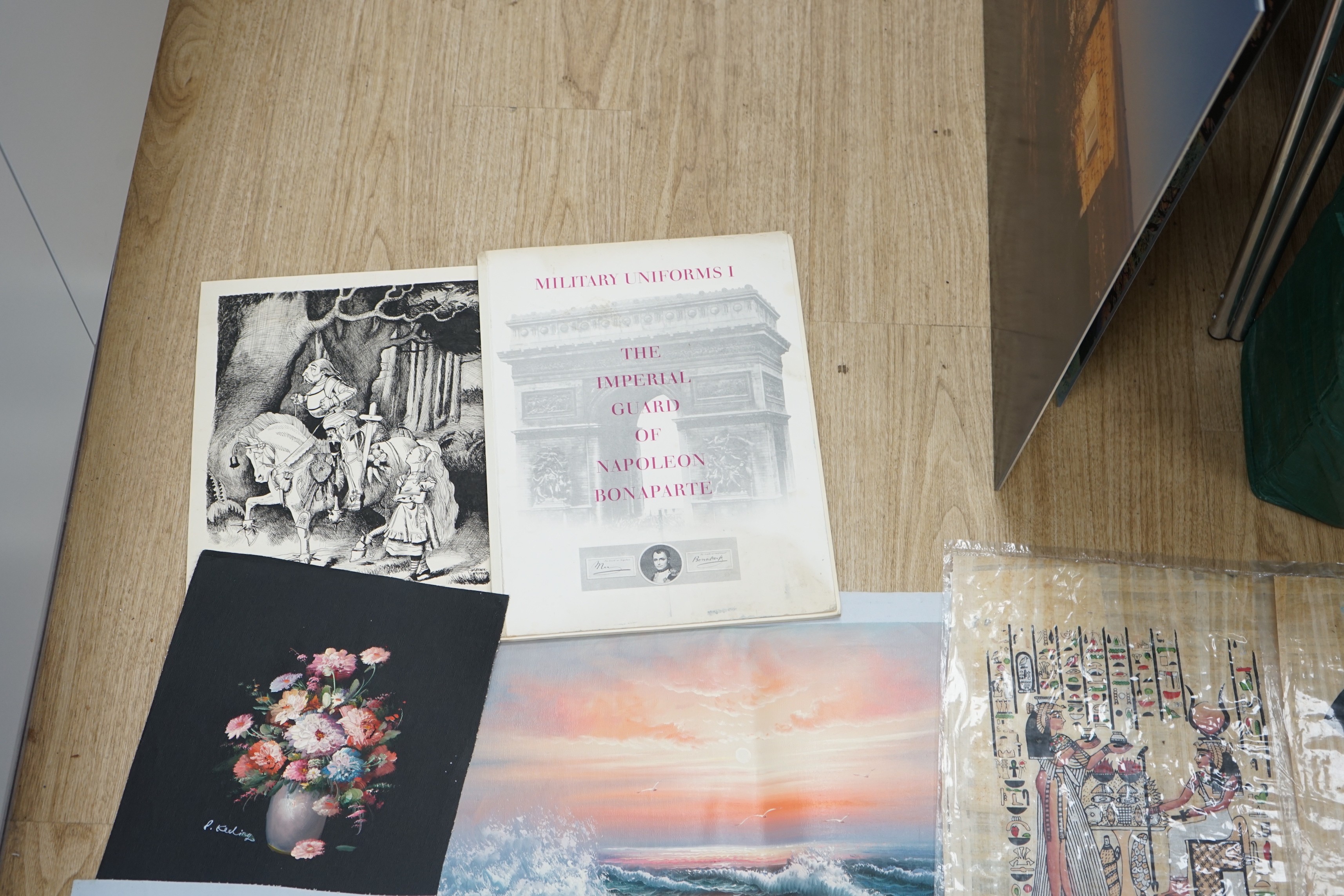 A group of assorted pictures and prints including Egyptian papyrus paintings, 41 x 33cm
